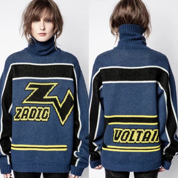 Zadig & Voltaire Défilé Roy Biker Logo Ocean Blue Jacquard Wool Cashmere Sweater - Picture 13 of 13